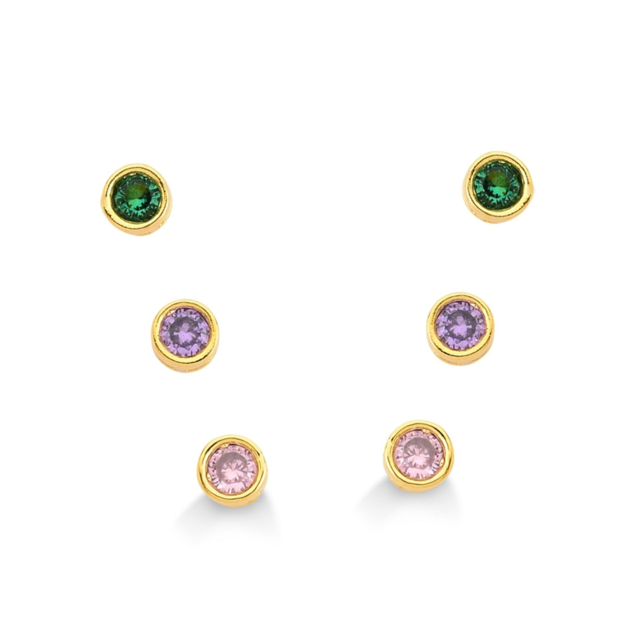 BRINCO TRIO DE ZIRCONIAS COLORIDAS FOLHEADO A OURO 18K