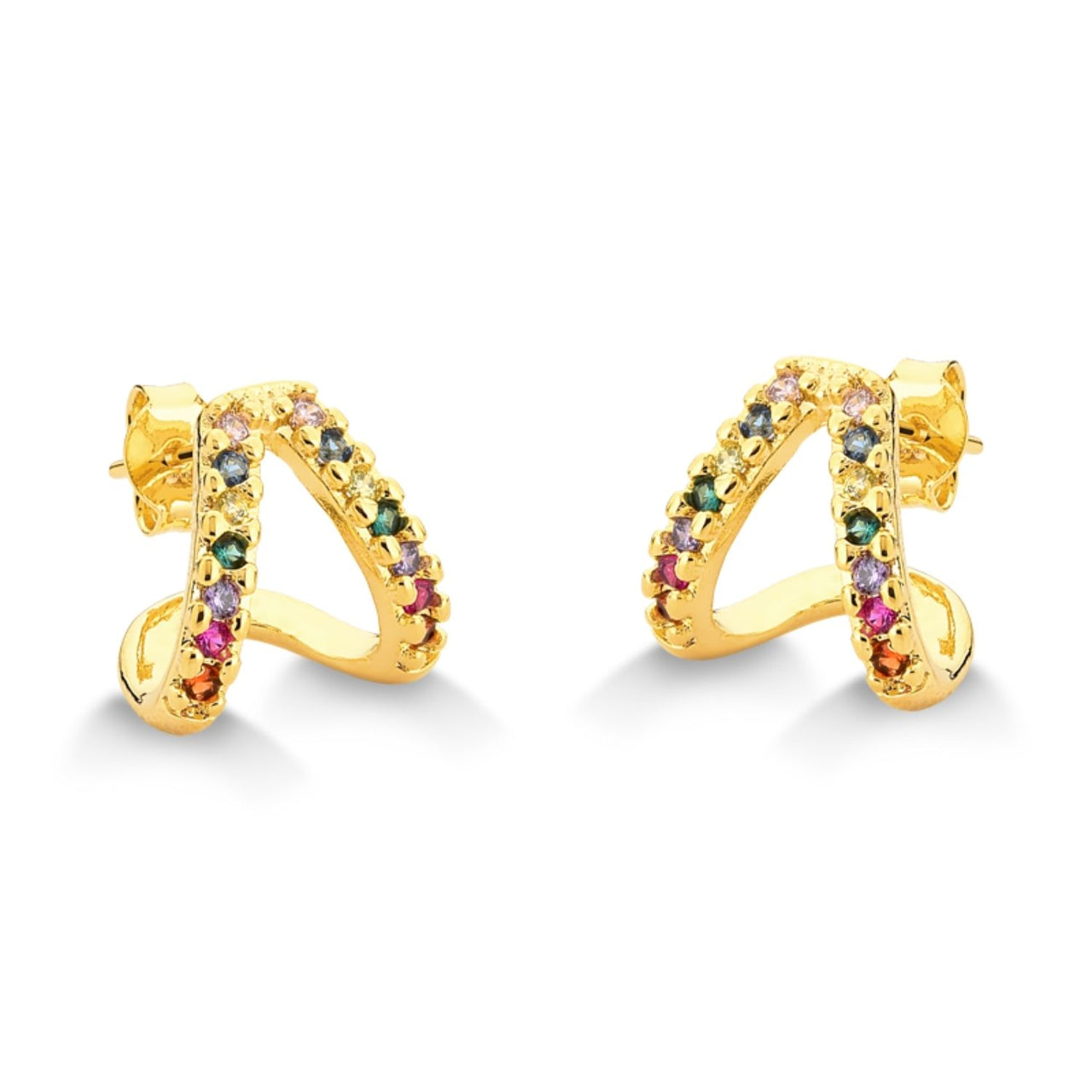 BRINCO DUAS FILEIRAS DE ZIRCONIAS COLORIDAS FOLHEADO A OURO 18K