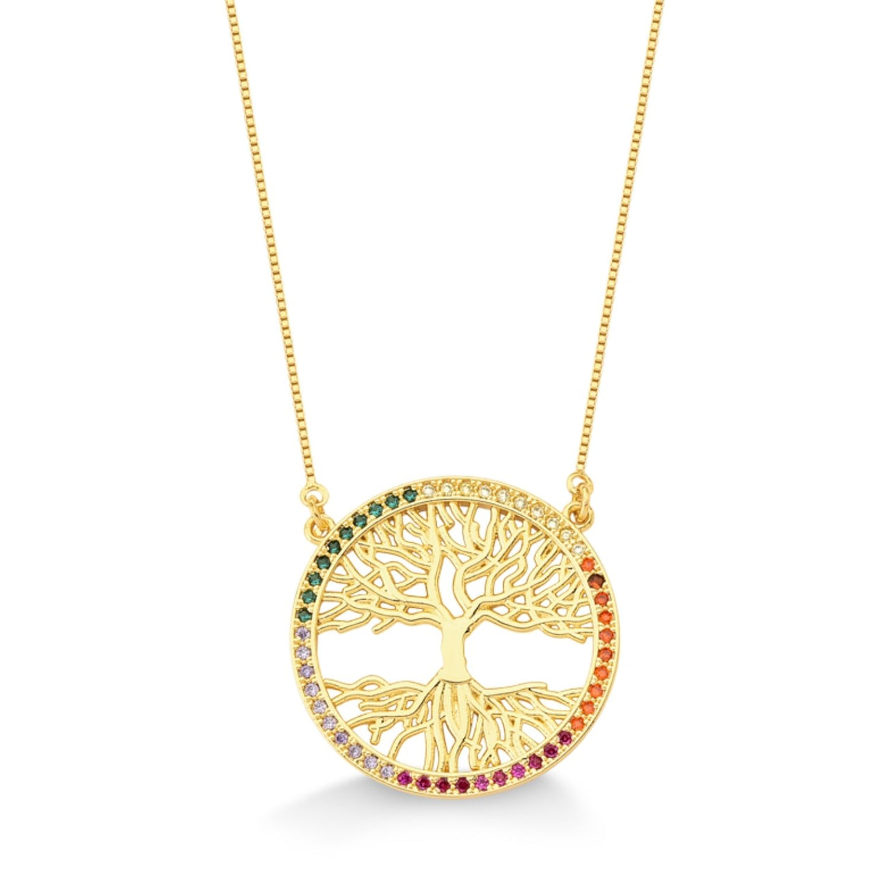 COLAR ARVORE DA VIDA CRAVEJADO DE ZIRCONIAS COLORIDAS FOLHEADO A OURO 18K