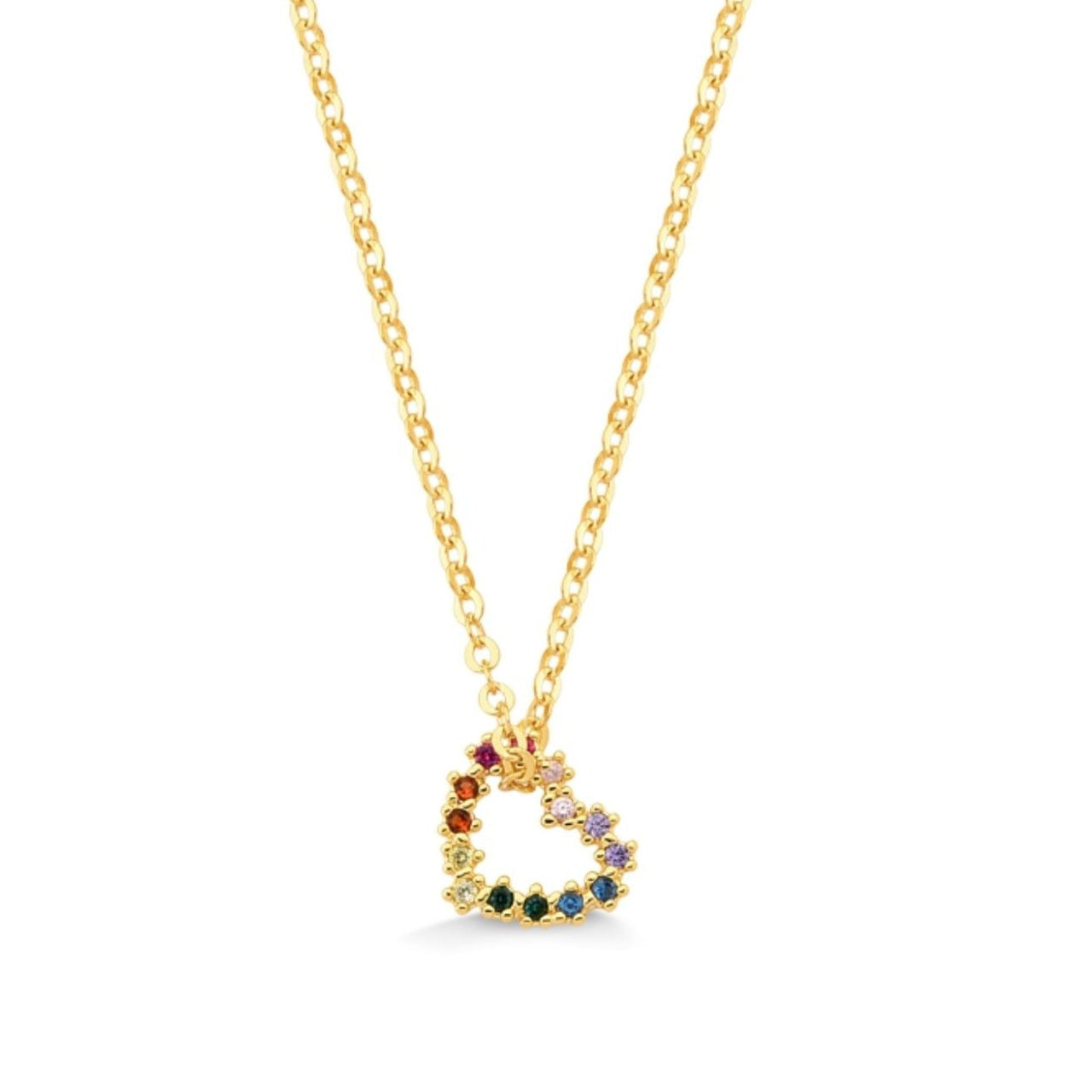COLAR COM PINGENTE DE CORAÇÃO DE ZIRCONIAS COLORIDAS FOLHEADO A OURO 18K