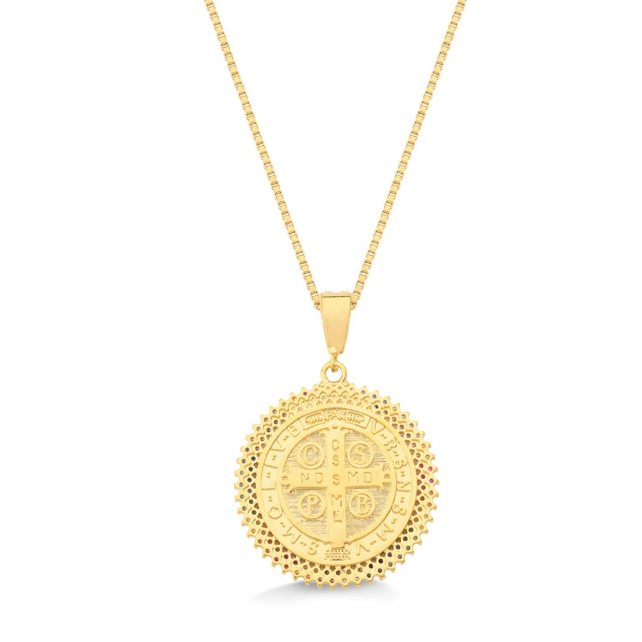 COLAR MEDALHA DE SÃO BENTO CRAVEJADO DE ZIRCONIAS COLORIDAS FOLHEADO A OURO 18K
