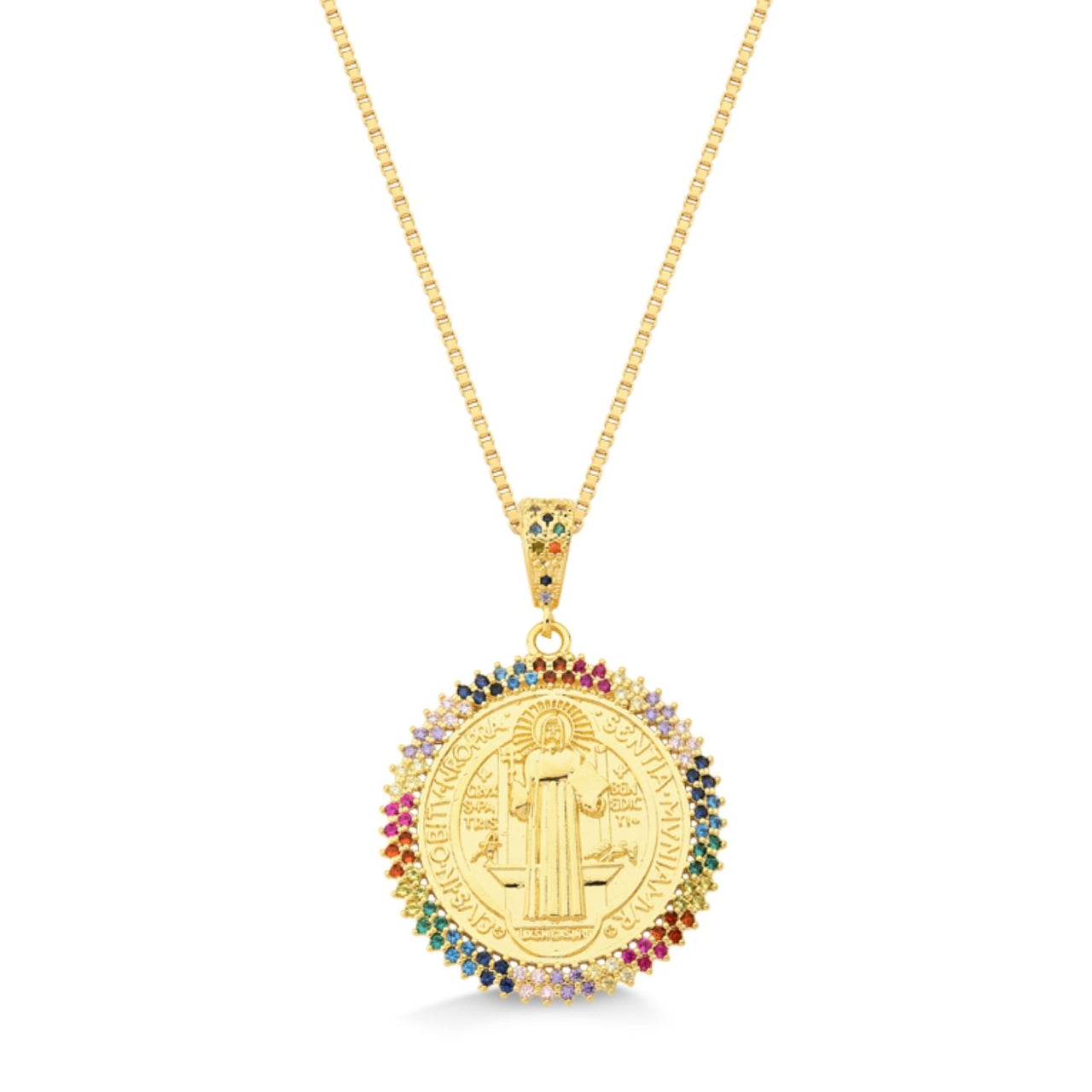 COLAR MEDALHA DE SÃO BENTO CRAVEJADO DE ZIRCONIAS COLORIDAS FOLHEADO A OURO 18K
