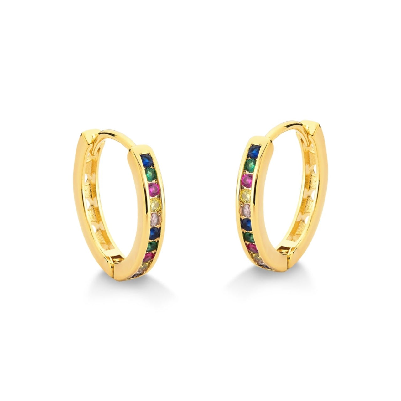 BRINCO DE ARGOLA COM ZIRCONIAS COLORIDAS GRANDE FOLHEDA A OURO 18K