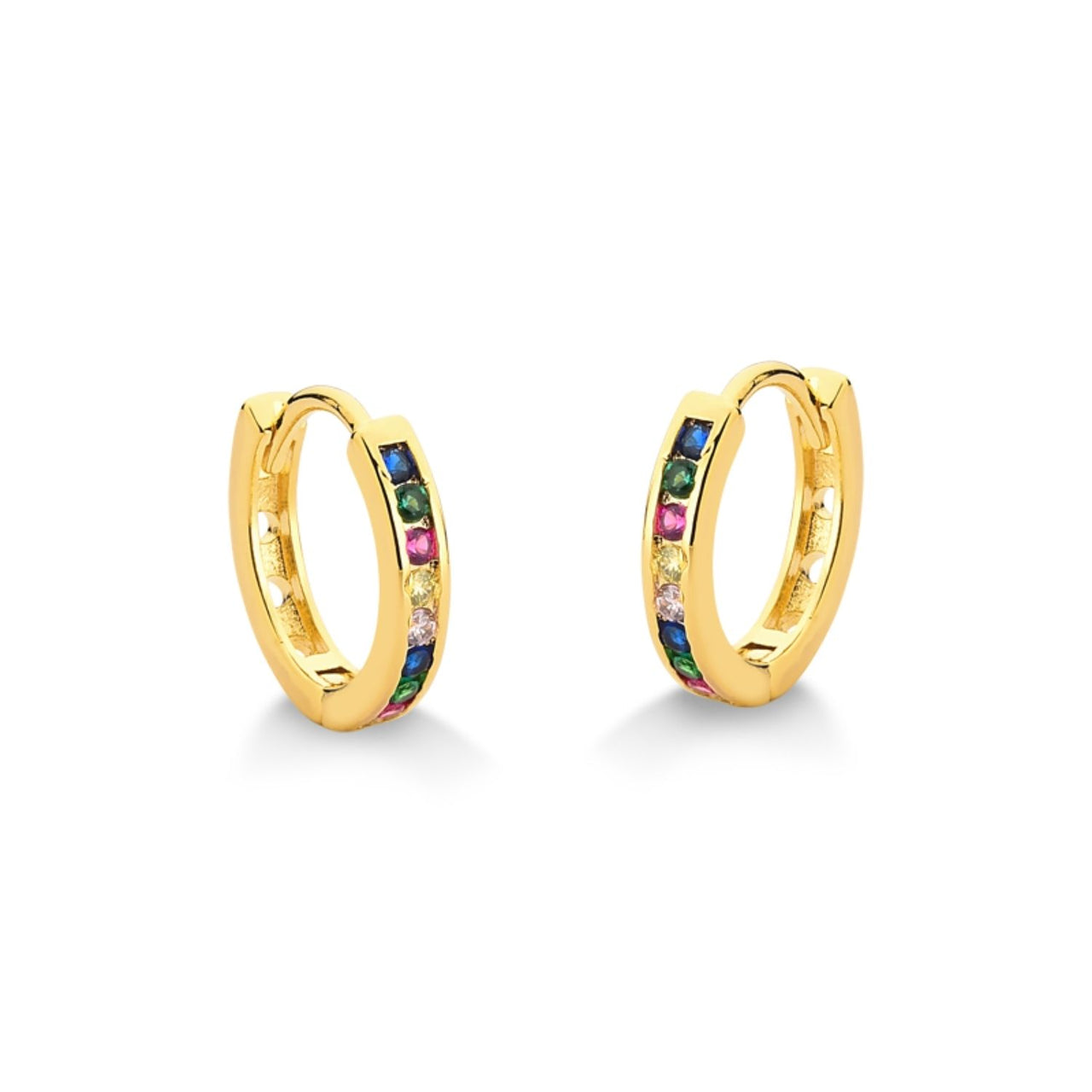 BRINCO DE ARGOLA COM ZIRCONIAS COLORIDAS MEDIA FOLHEDA A OURO 18K