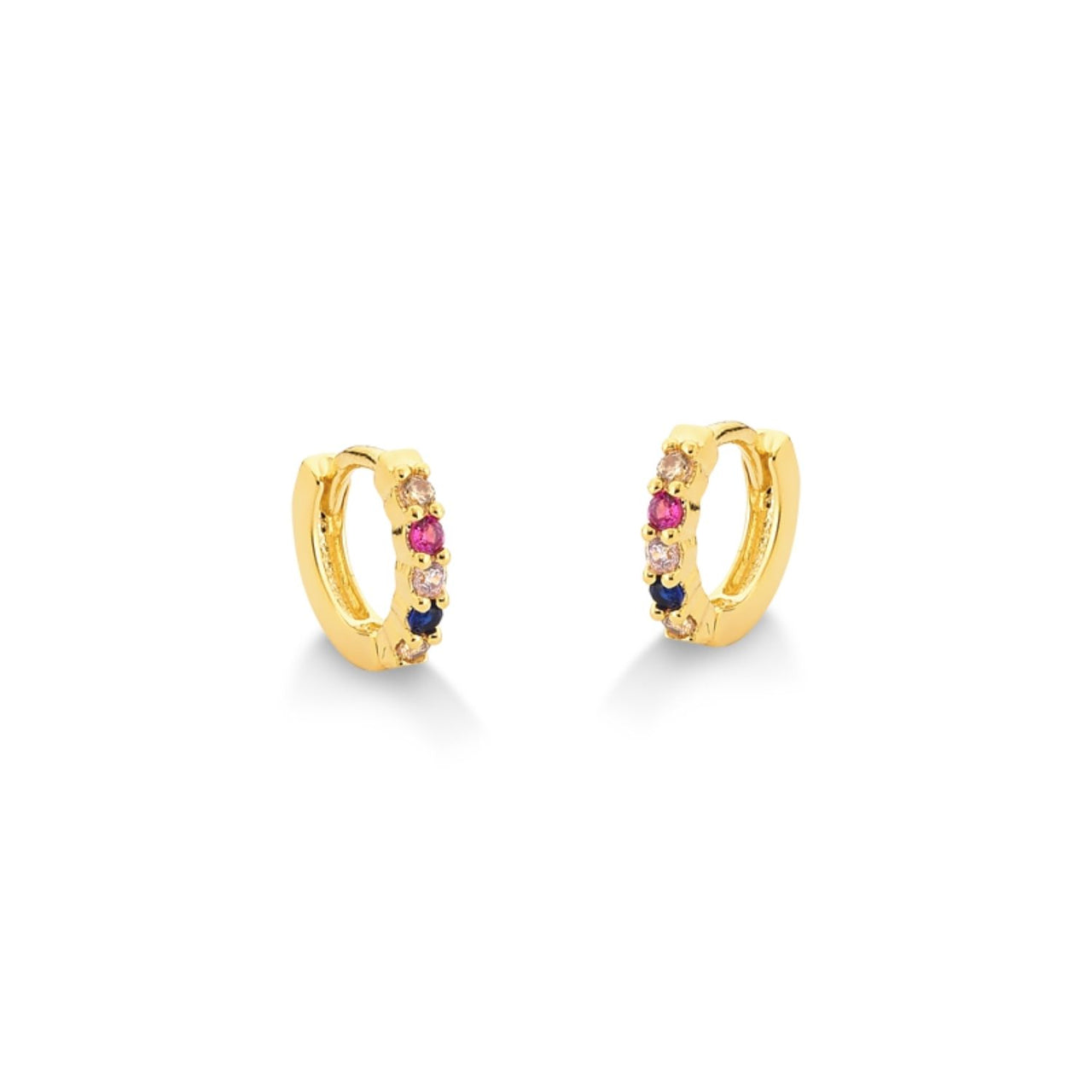 BRINCO DE ARGOLA CRAVEJADA COM ZIRCONIAS COLORIDAS PEQUENA FOLHEDA A OURO 18K