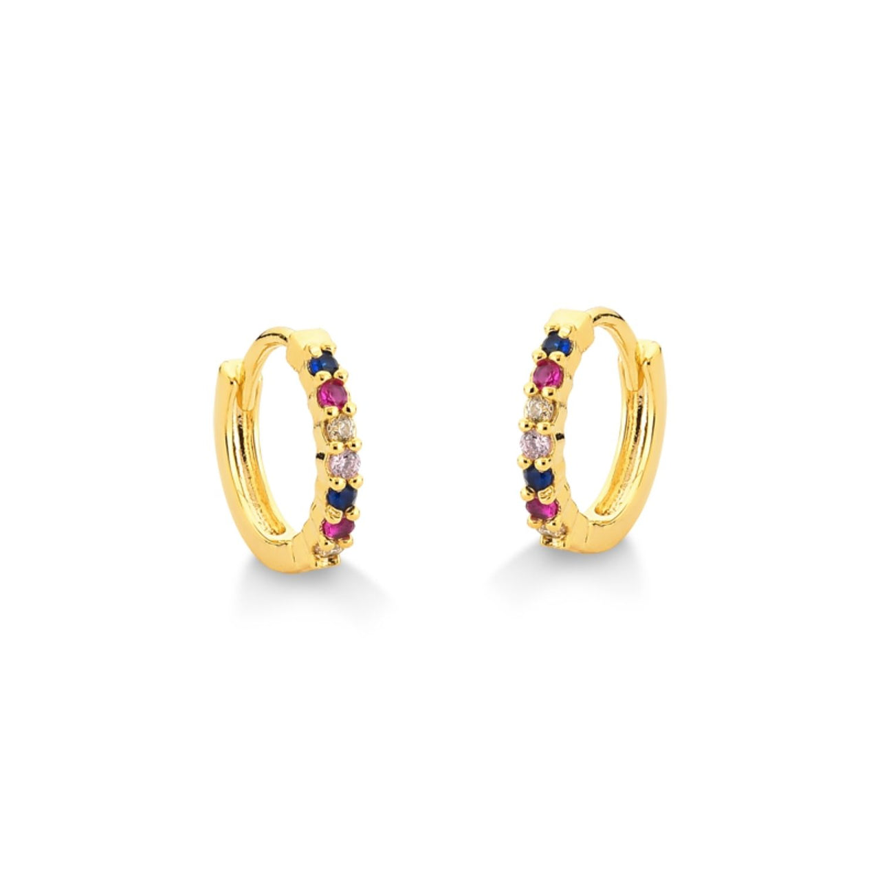 BRINCO DE ARGOLA CRAVEJADA COM ZIRCONIAS COLORIDAS MEDIA FOLHEADA A OURO 18K