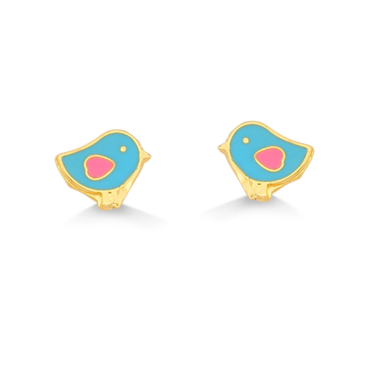 BRINCO INFANTIL DE PASSARINHO RESINADO AZUL FOLHEADO A OURO 18K