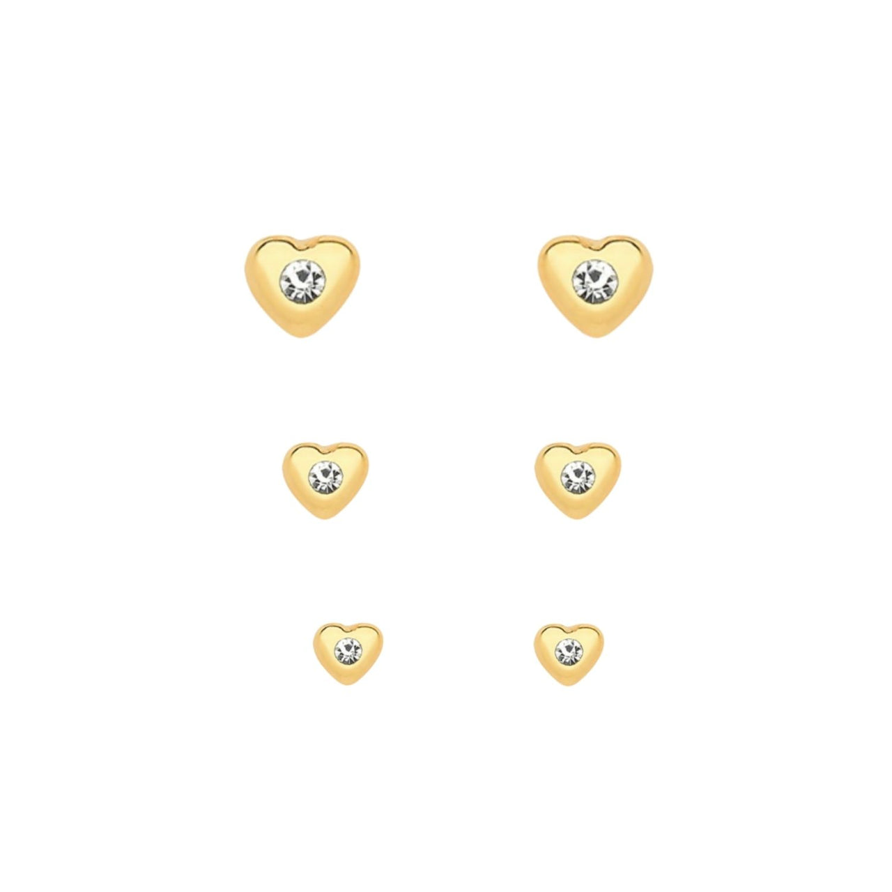 TRIO DE BRINCOS DE CORAÇÕES COM PEDRA NO MEIO FOLHEADO A OURO 18K