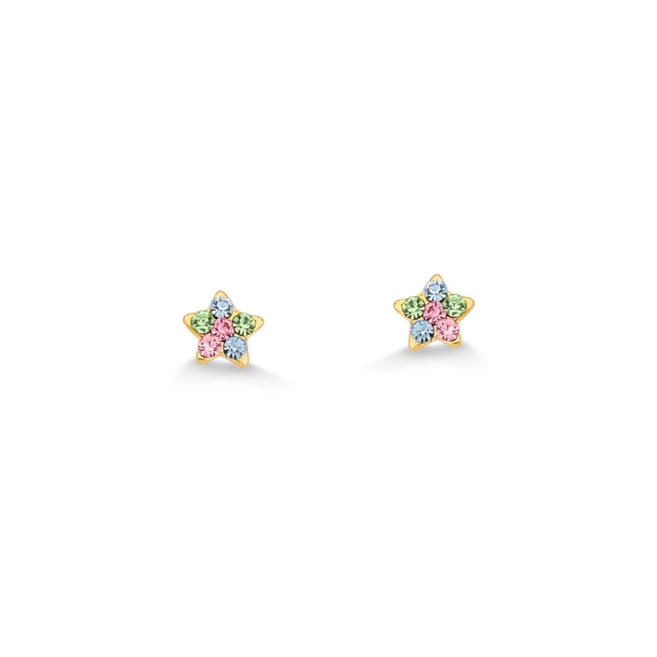 BRINCO MINI ESTRELA COM STRASS COLORIDAS FOLHEADO A OURO 18K
