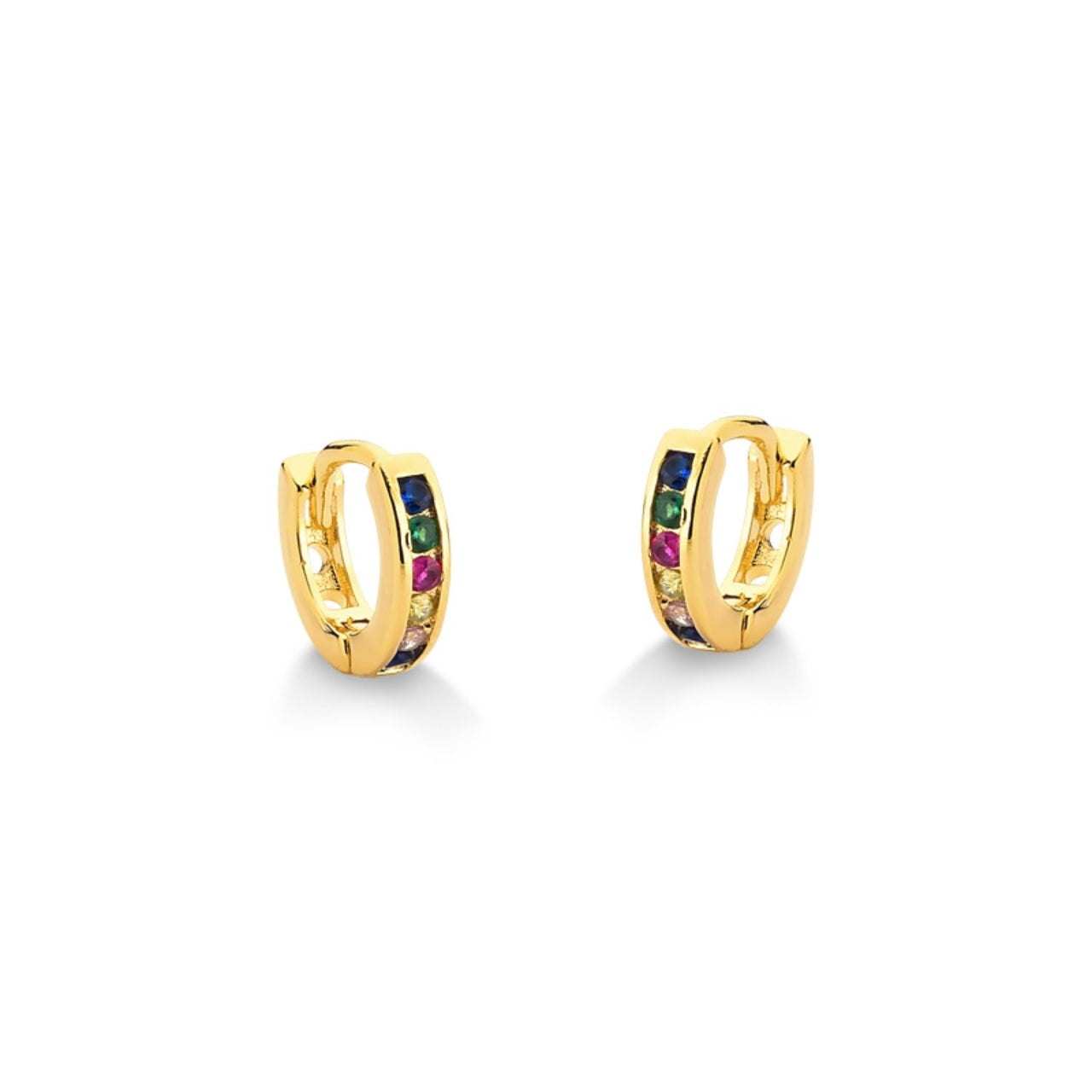 BRINCO DE ARGOLA COM ZIRCONIAS COLORIDAS PEQUENA FOLHEADA A OURO 18K