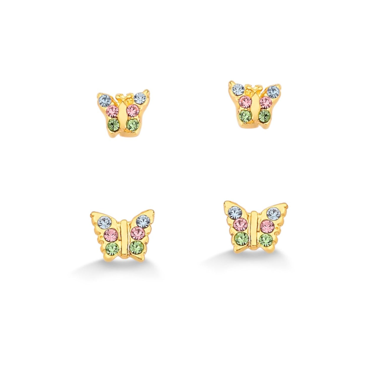 DUPLA BRINCO MINI BORBOLETAS COM STRASS COLORIDAS FOLHEADO A OURO 18K