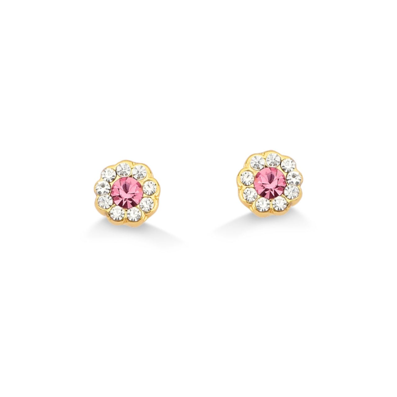 BRINCO MINI FLOR COM STRASS ROSA FOLHEADO A OURO 18K