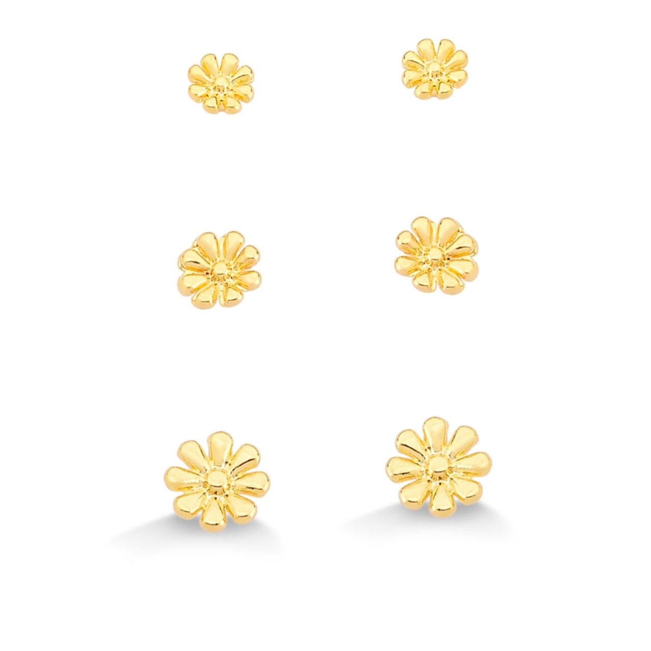 TRIO DE BRINCO MINI MARGARIDAS FOLHEADO A OURO 18K