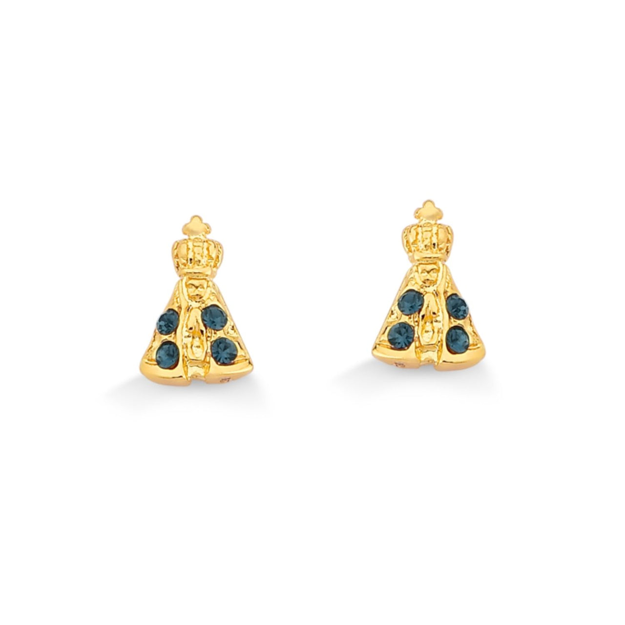 BRINCO MINI N. SRA APARECIDA COM STRASS AZUIS FOLHEADO A OURO 18K