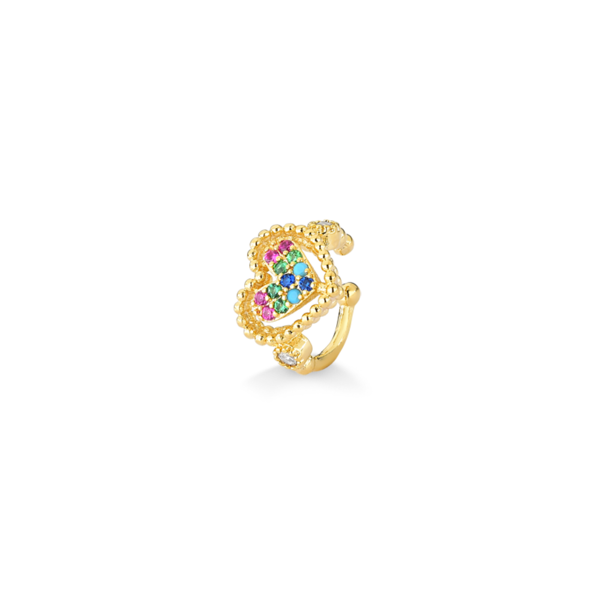 BRINCO PIERCING DE CORAÇÃO E ZIRCONIAS COLORIDAS FOLHEADO A OURO 18K