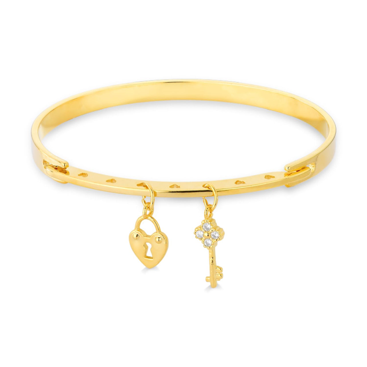 BRACELETE ARO RIGIDO COM PINGENTE DE CHAVE E CORAÇÃO FOLHEADO A OURO 18K