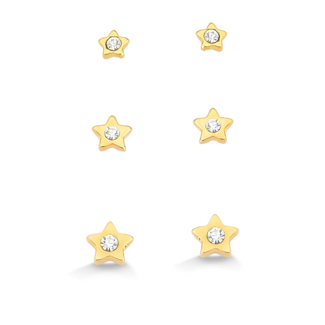 TRIO DE BRINCO MINI ESTRELAS COM STRASS FOLHEADO A OURO 18K