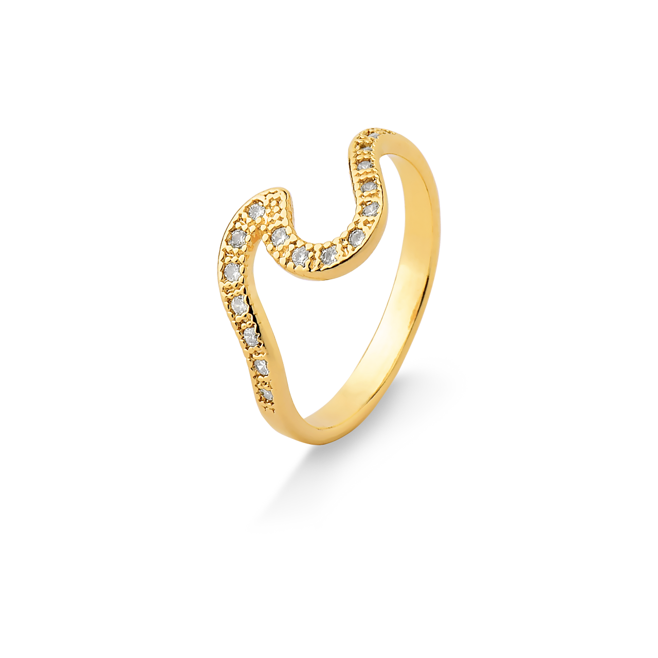 ANEL ONDA DO MAR CRAVEJADA DE ZIRCÔNIA FOLHEADO A OURO 18K
