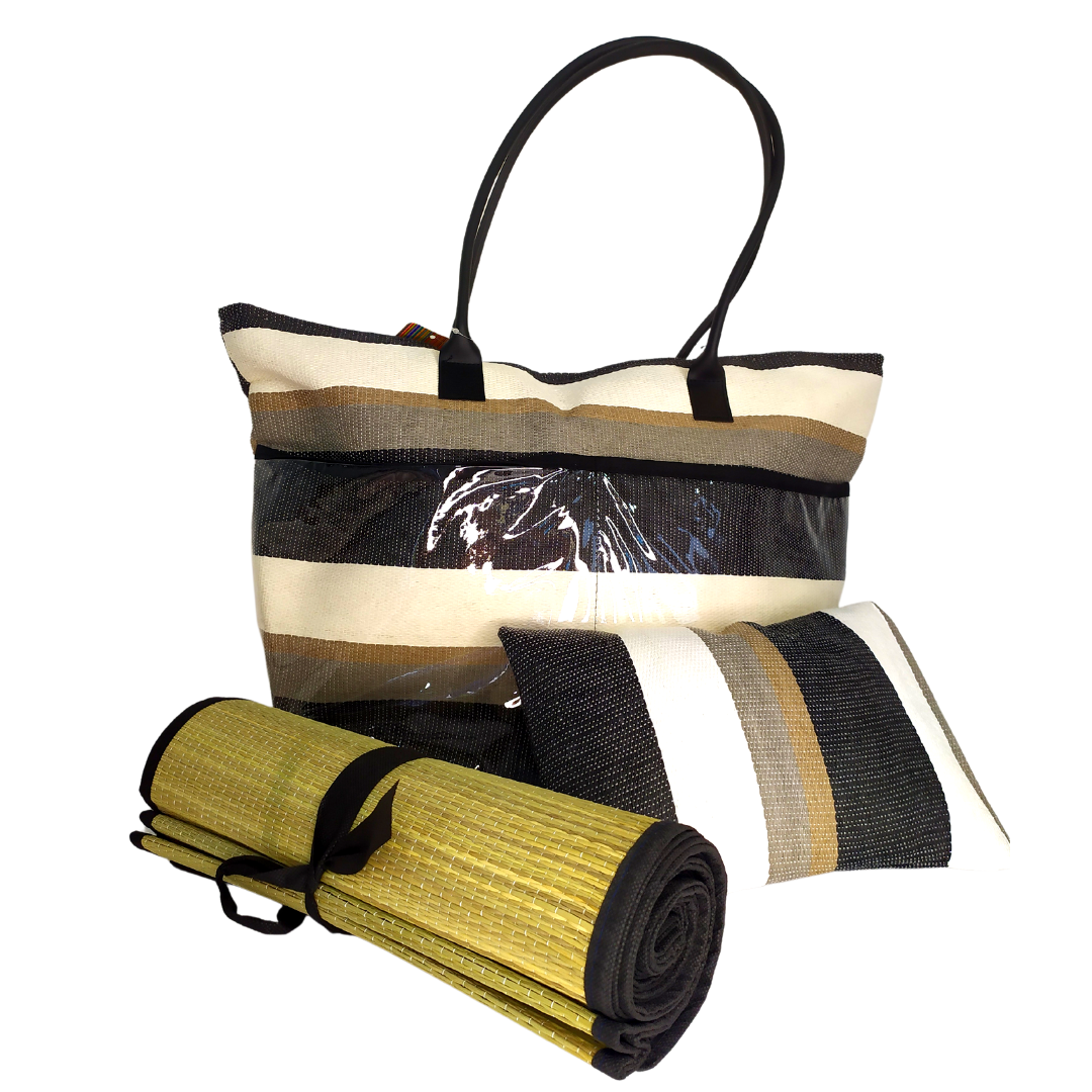 KIT BOLSA DE PRAIA COM ESTEIRA E TRAVESSEIRO PEQUENO PRETO E MARROM