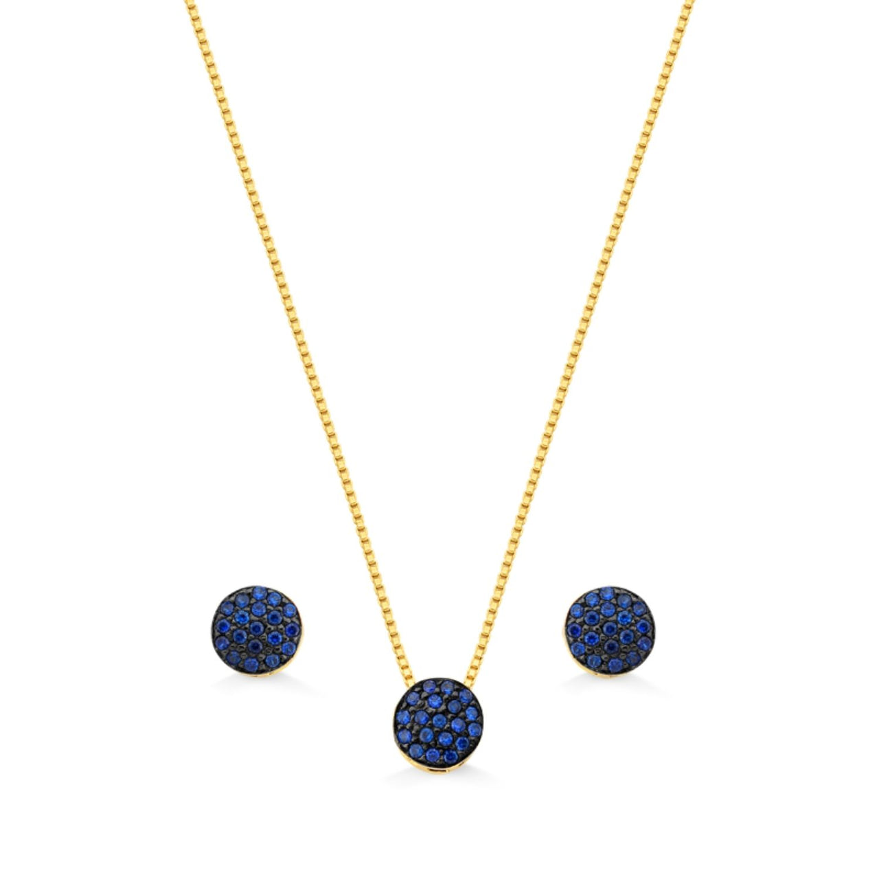 CONJUNTO DE BRINCOS E COLAR CRAVEJADOS COM ZIRCONIAS AZUIS FOLHEADO A OURO 18K