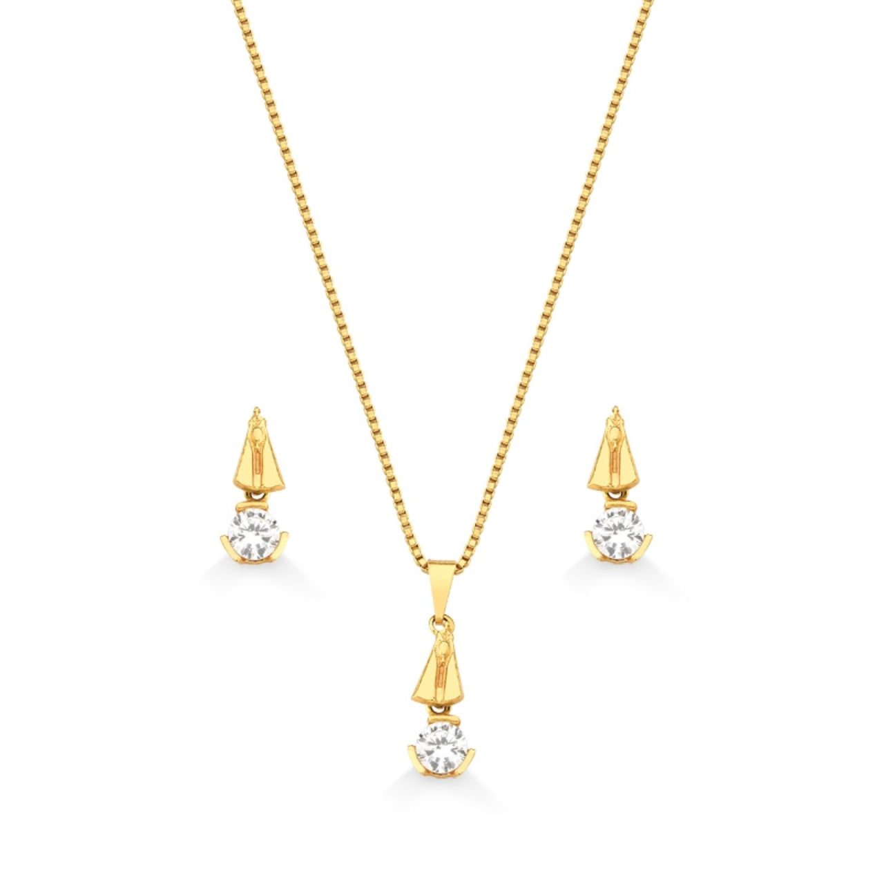 CONJUNTO DE BRINCOS E COLAR NOSSA SENHORA FOLHEADO A OURO 18K