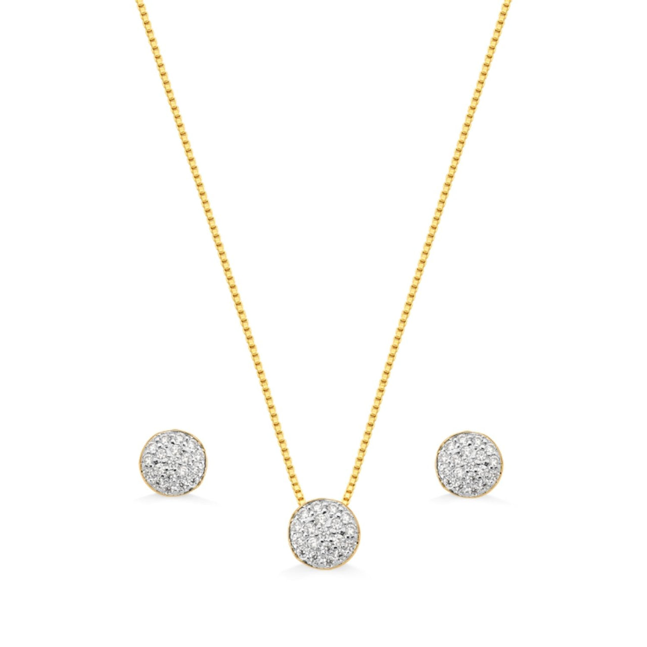 CONJUNTO DE BRINCOS E COLAR CRAVEJADOS COM ZIRCONIAS CRISTAIS FOLHEADO A OURO 18K