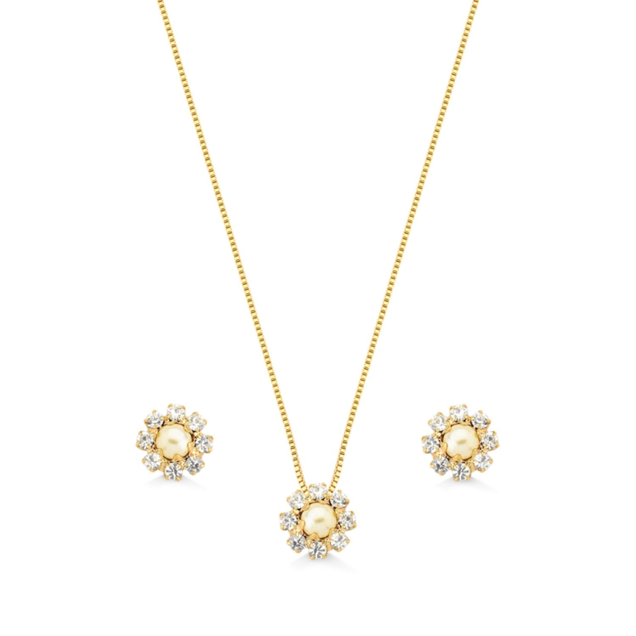 CONJUNTO DE BRINCOS E COLAR DE PEROLAS FOLHEADO A OURO 18K