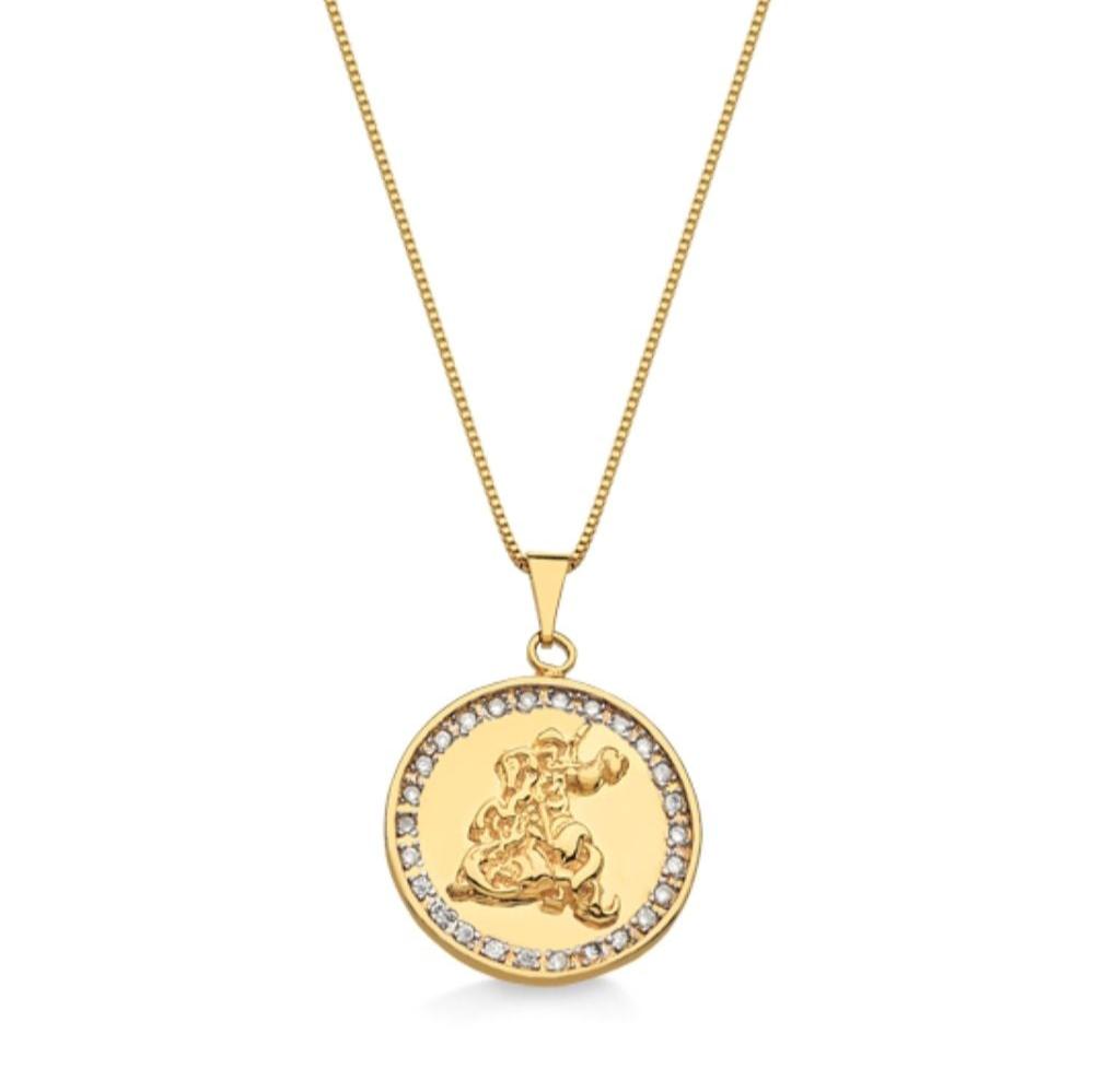 COLAR COM MEDALHA DE SÃO JORGE CRAVEJADA COM ZIRCÔNIAS FOLHEADO A OURO 18K