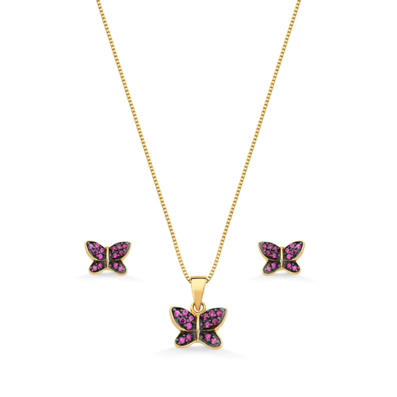 CONJUNTO DE BRINCOS E COLAR CRAVEJADOS COM ZIRCONIAS DE BORBOLETAS FOLHEADO A OURO 18K