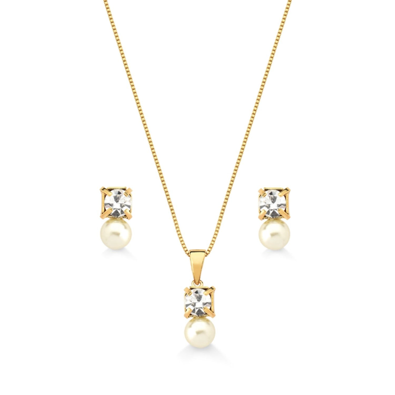 CONJUNTO DE BRINCOS E COLAR DE PEROLAS FOLHEADO A OURO 18K
