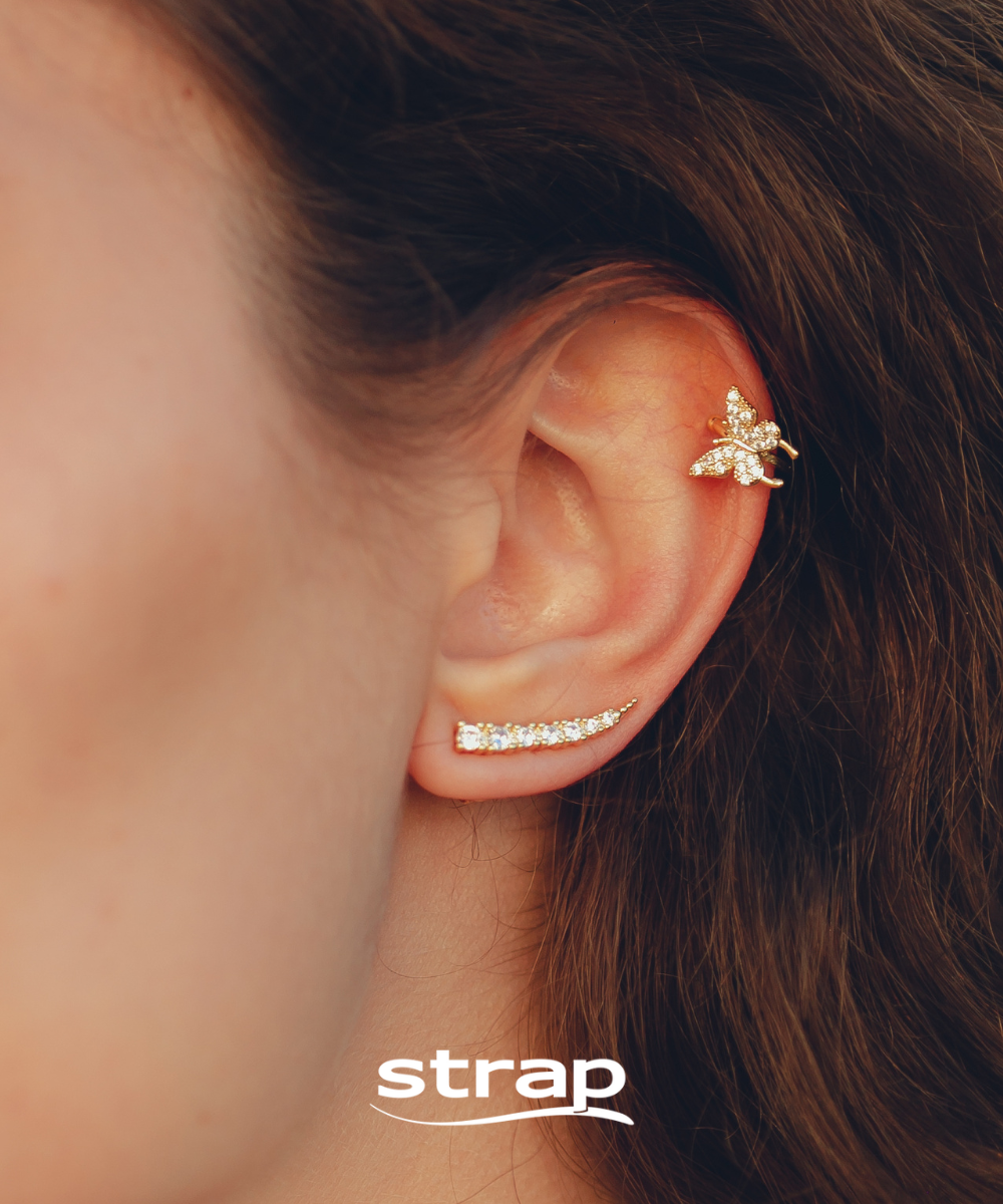 BRINCO PIERCING DE BORBOLETA COM ZIRCONIA FOLHEADO A OURO 18K