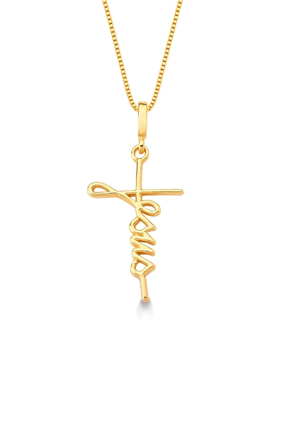 COLAR CRUZ ESCRITO JESUS FOLHEADO A OURO 18K