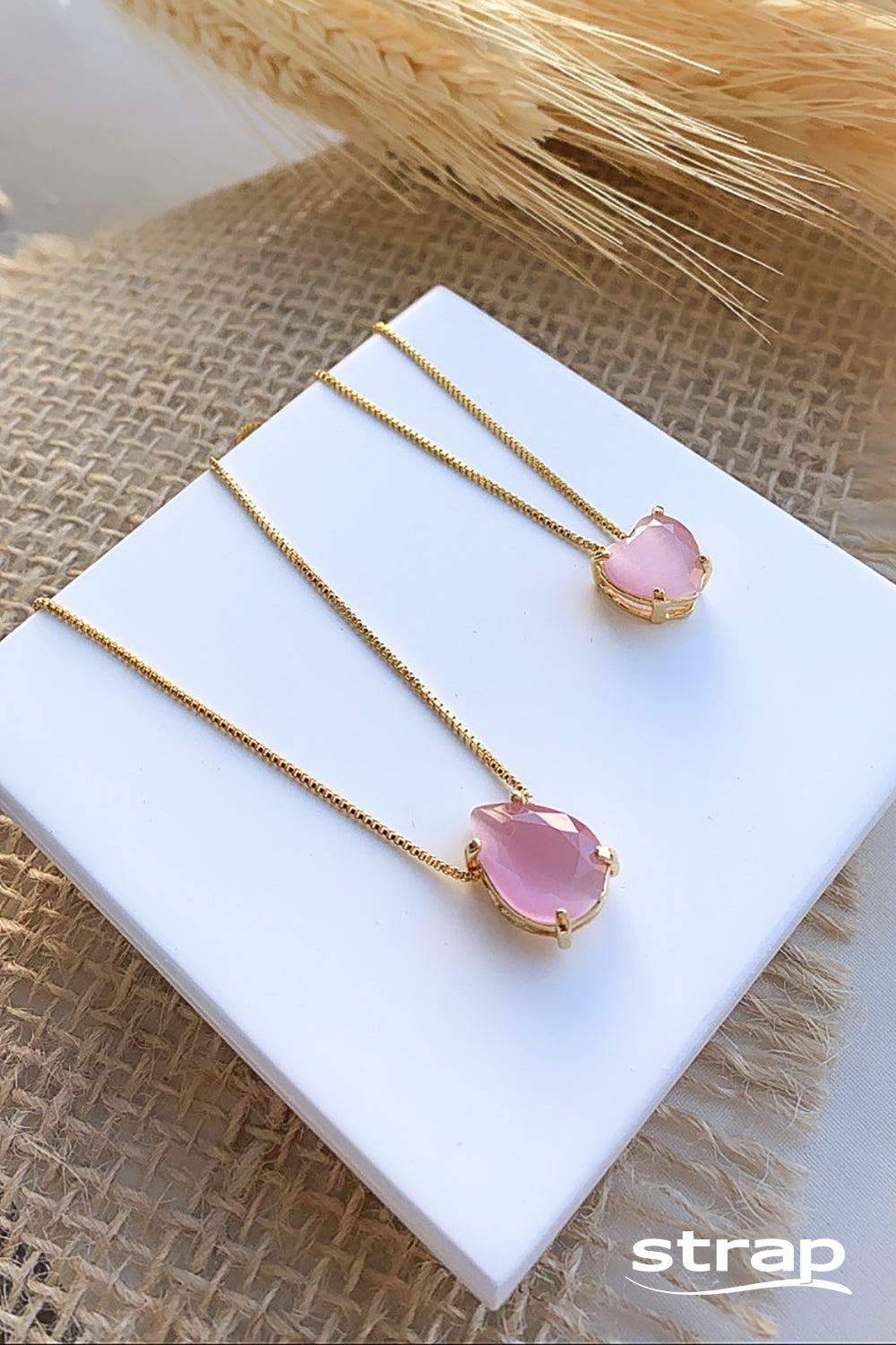 COLAR CORAÇÃO PEDRA ACETINADA ROSA FOLHEADO A OURO 18K