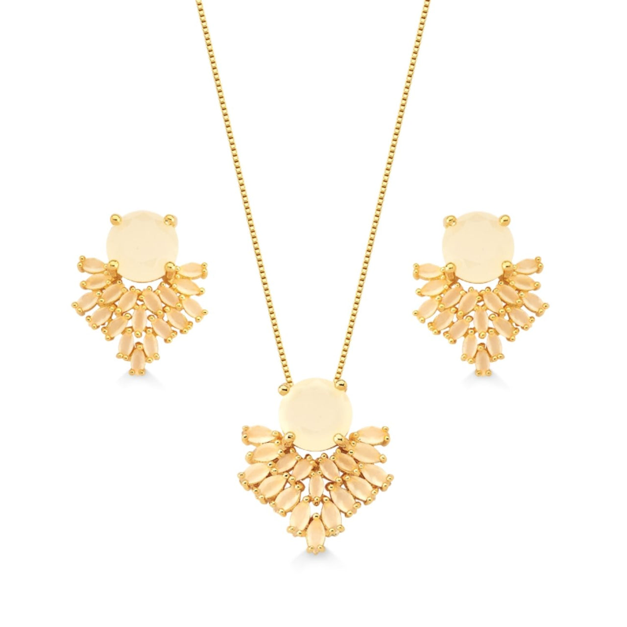 CONJUNTO DE BRINCOS E COLAR COM PEDRAS NUDE FOLHEADO A OURO 18K