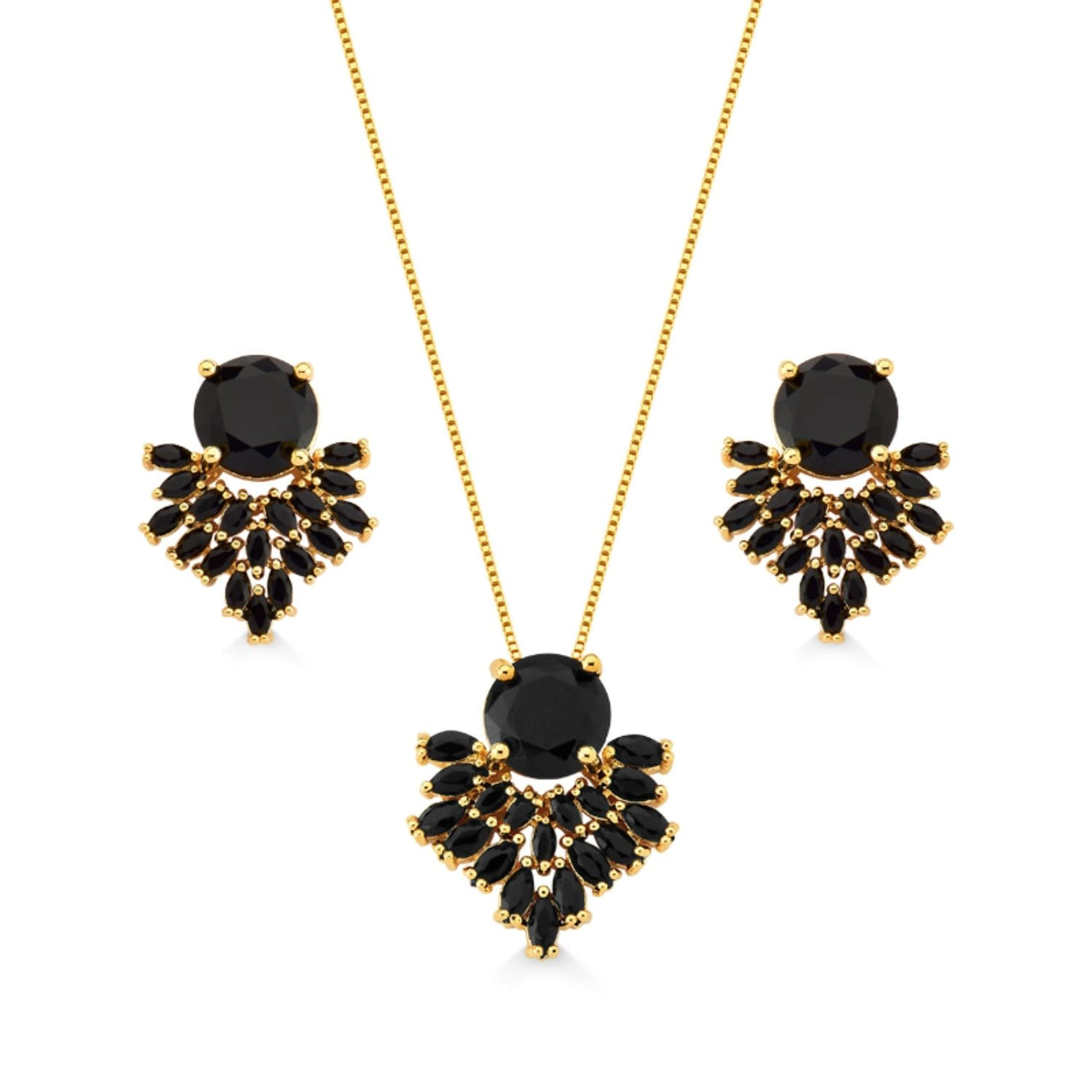 CONJUNTO DE BRINCOS E COLAR COM PEDRAS PRETAS FOLHEADO A OURO 18K