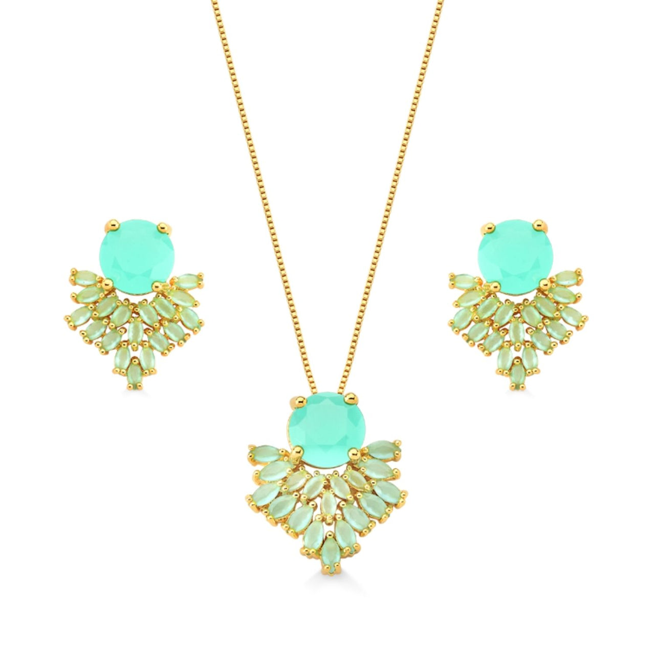 CONJUNTO DE BRINCOS E COLAR COM PEDRAS VERDES FOLHEADO A OURO 18K