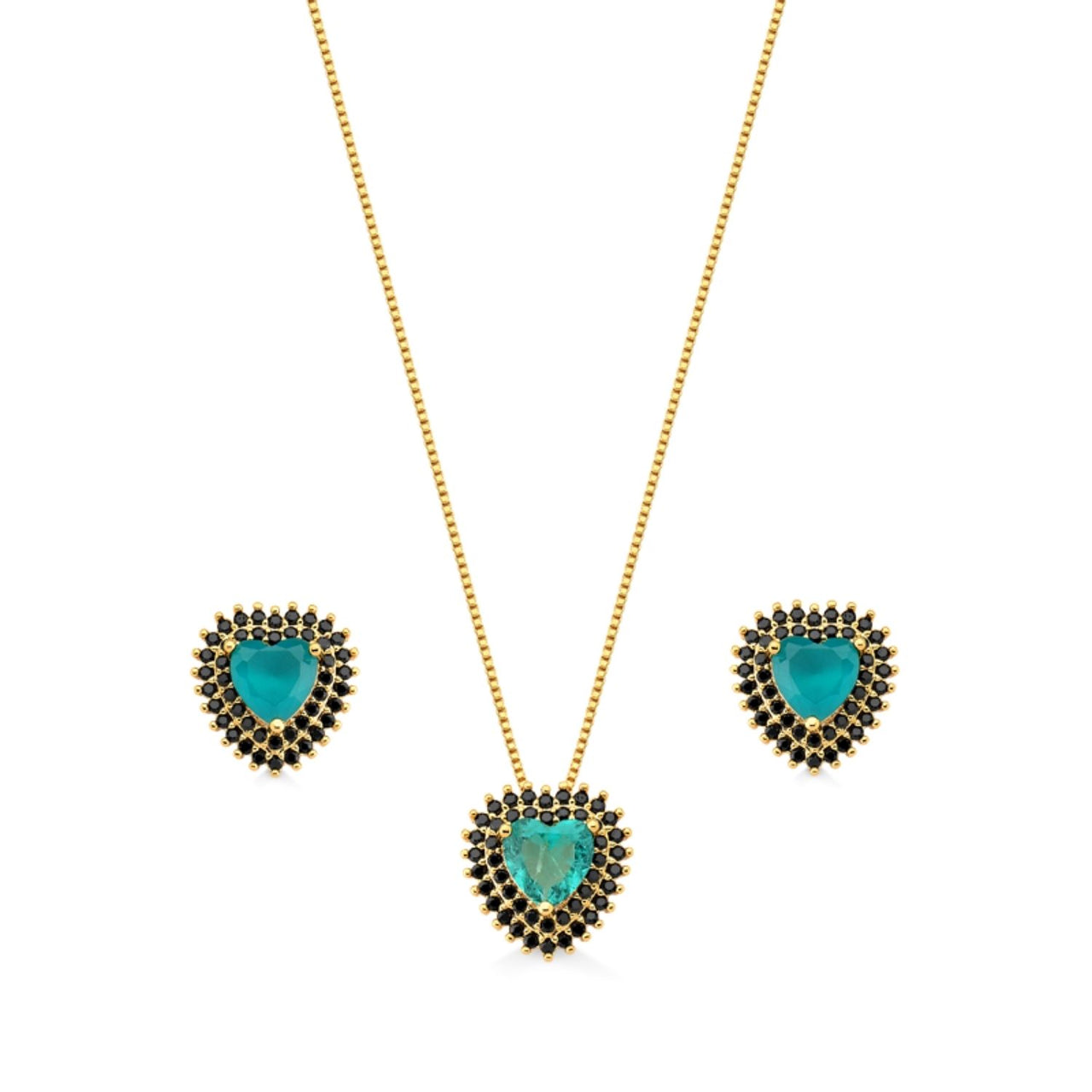 CONJUNTO DE BRINCO E COLAR DE CORAÇÃO COM PEDRA VERDE CRAVEJADO DE ZIRCONIAS PRETAS