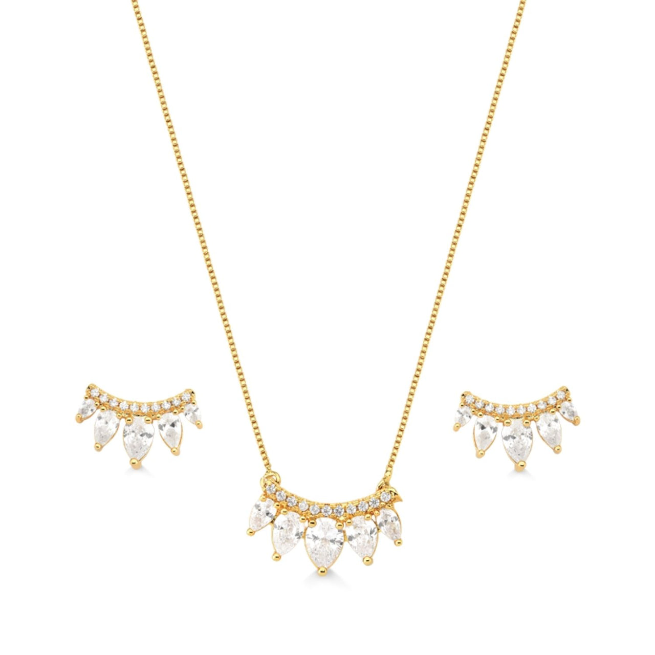 CONJUNTO DE BRINCO E COLAR DE PEDRA CRISTAL NAVETE FOLHEADO A OURO 18K