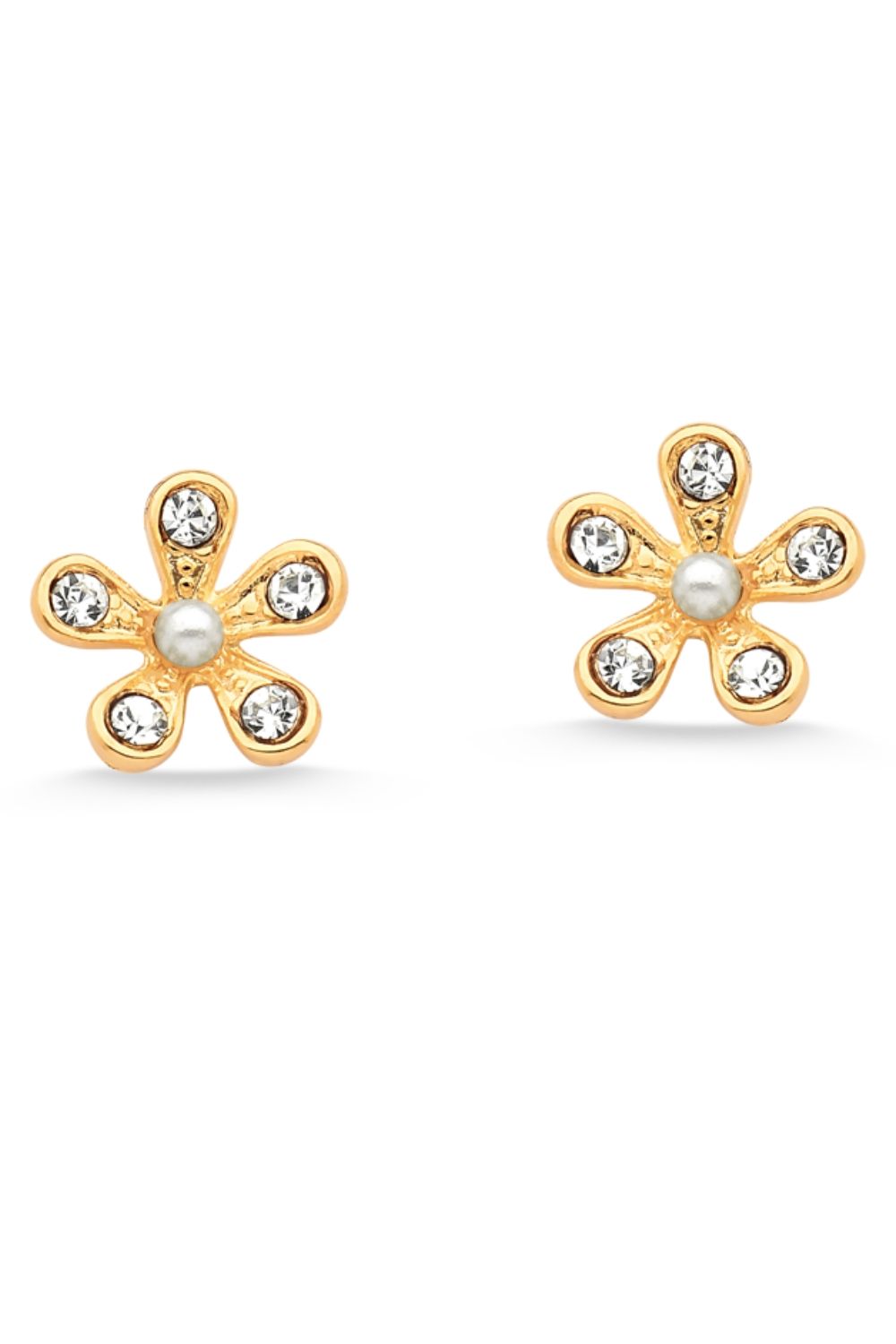 BRINCO MINI FLOR COM PÉROLA E STRASS FOLHEADO A OURO 18K