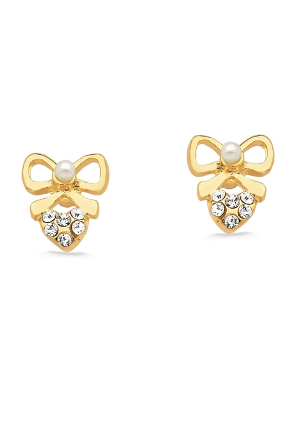 BRINCO MINI LAÇO COM PÉROLA E CORAÇÃO COM STRASS FOLHEADO A OURO 18K