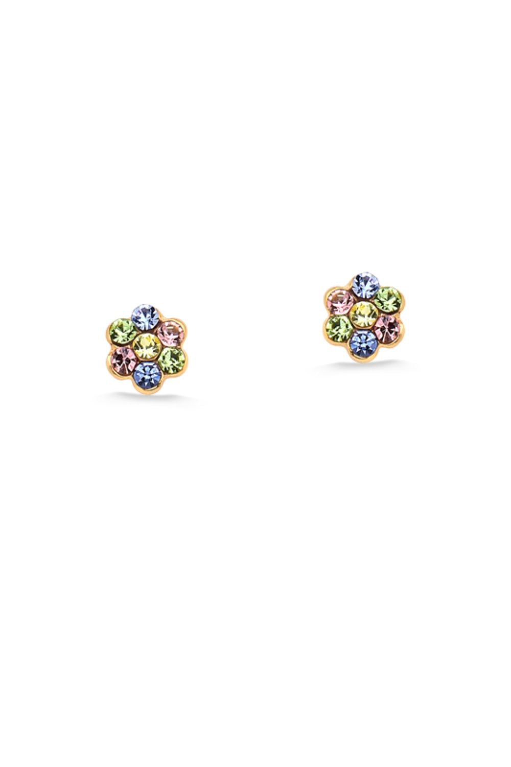 BRINCO MINI FLOR COM STRASS COLORIDAS FOLHEADO A OURO 18K PEQUENO