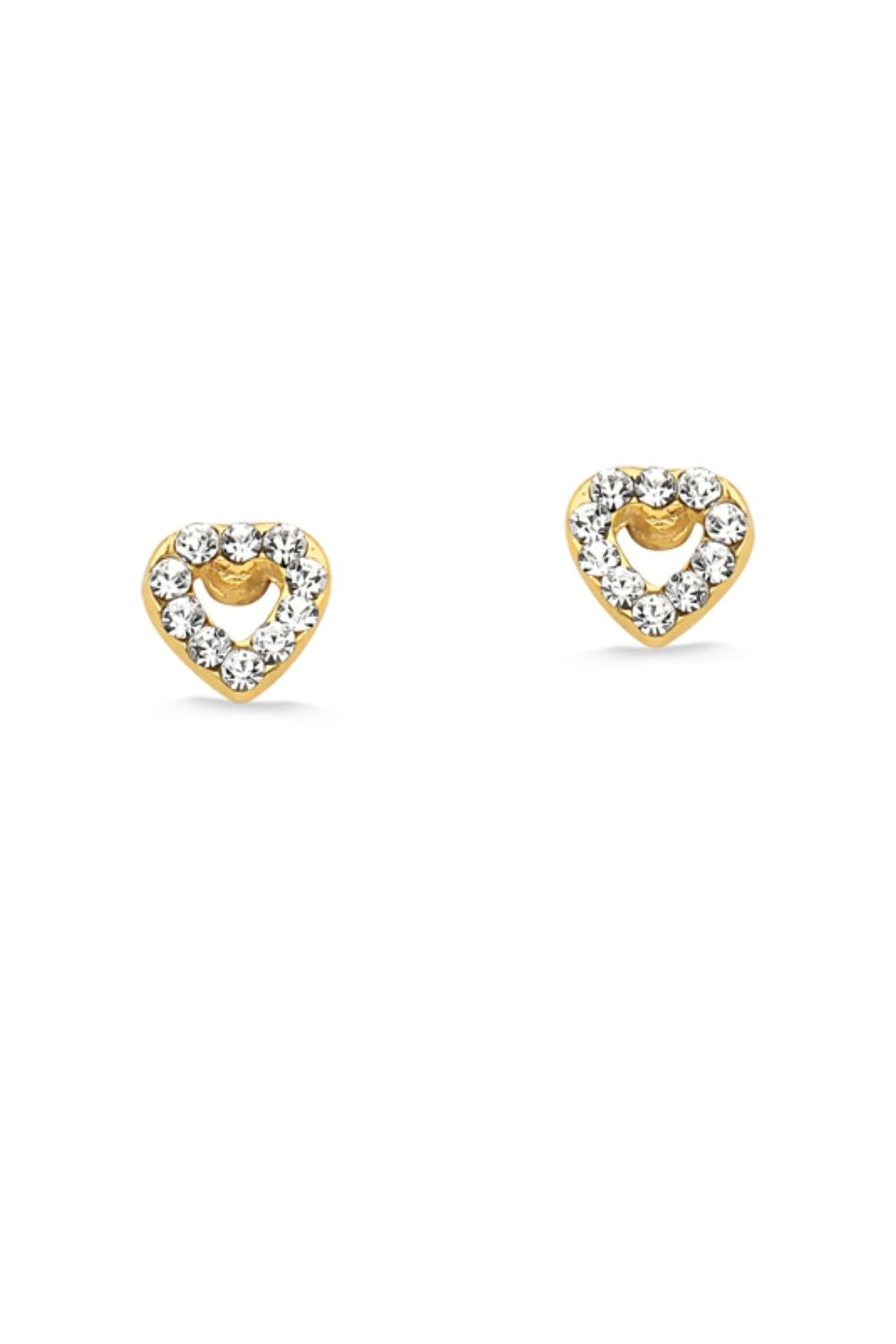 BRINCO MINI CORAÇÃO VAZADO COM STRASS FOLHEADO A OURO 18K