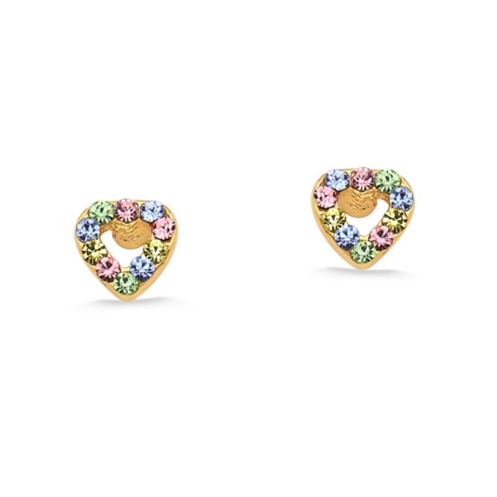 BRINCO MINI CORAÇÃO VAZADO COM STRASS COLORIDAS FOLHEADO A OURO 18K
