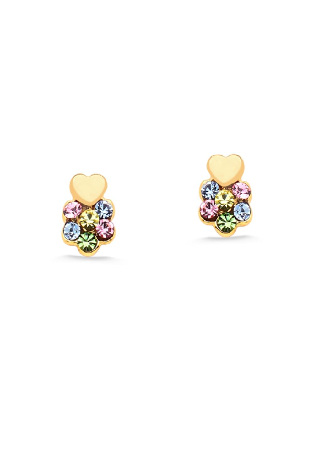 BRINCO MINI CORAÇÃO E FLOR COM STRASS COLORIDAS FOLHEADO A OURO 18K