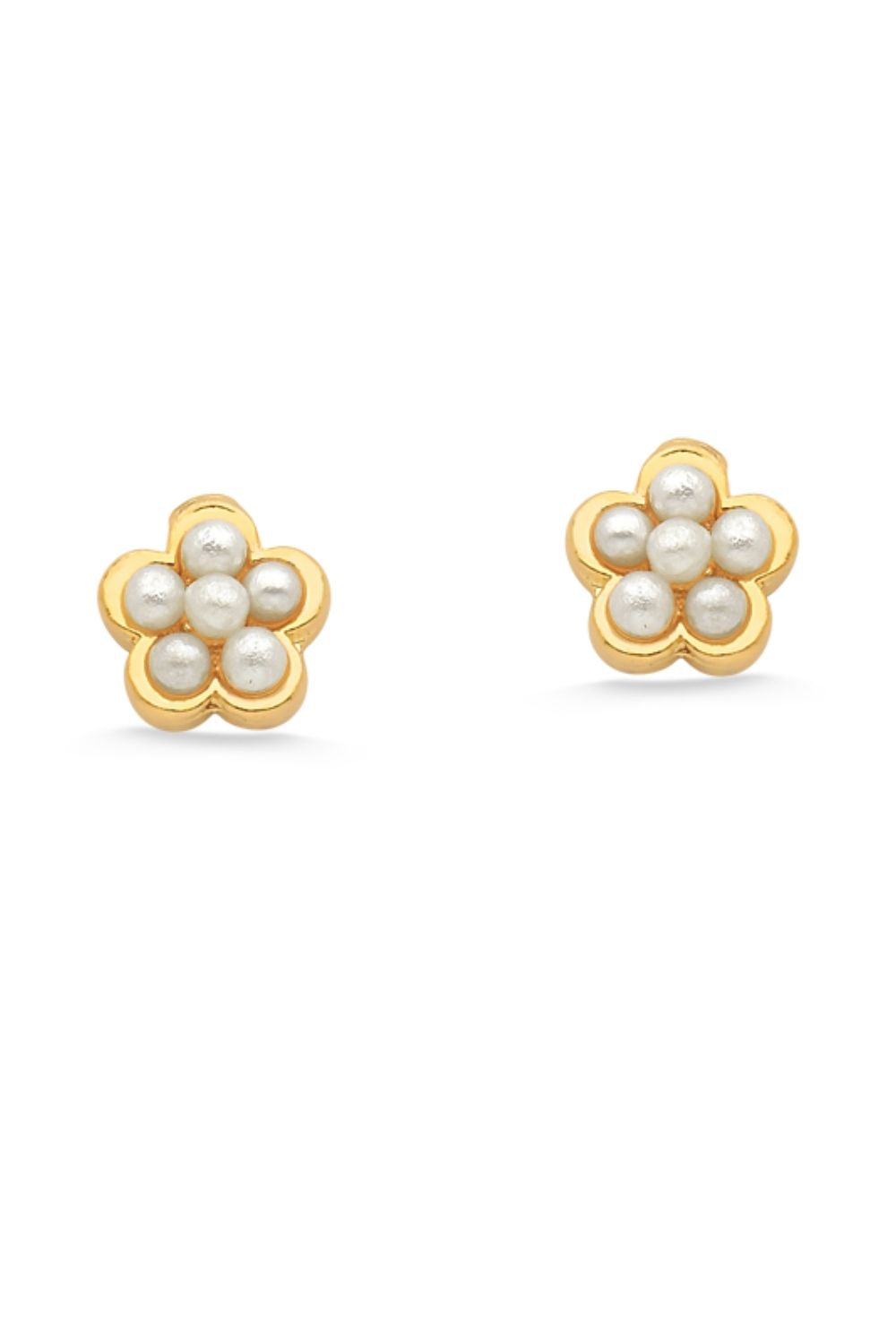 BRINCO MINI FLOR COM PÉROLAS FOLHEADO A OURO 18K