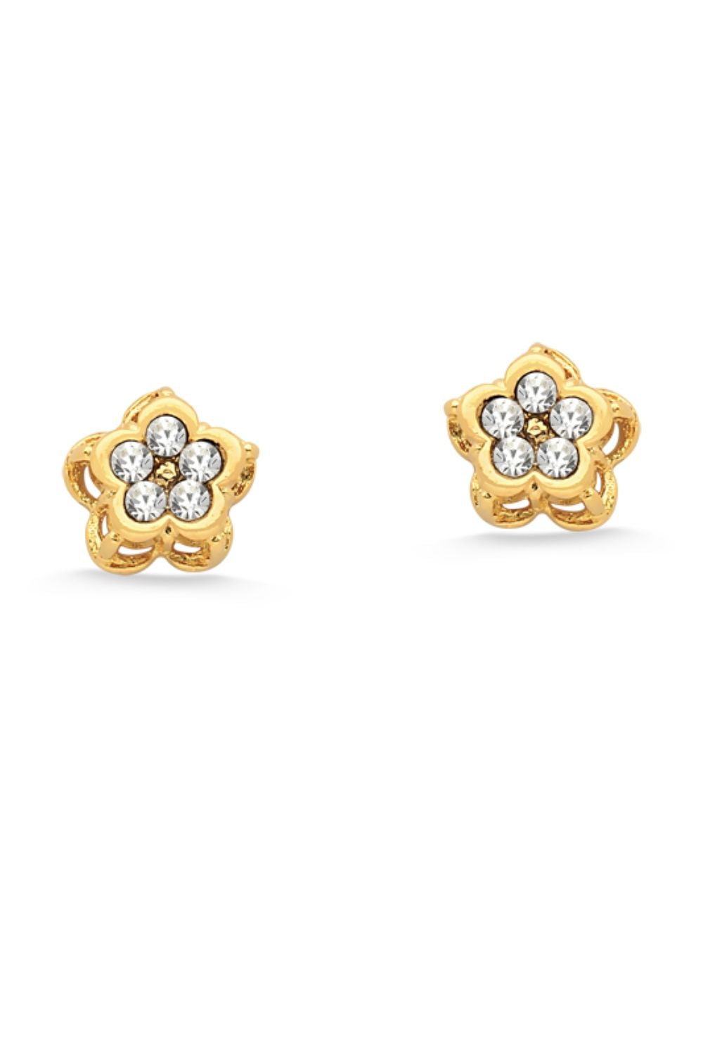 BRINCO MINI FLOR COM STRASS FOLHEADO A OURO 18K