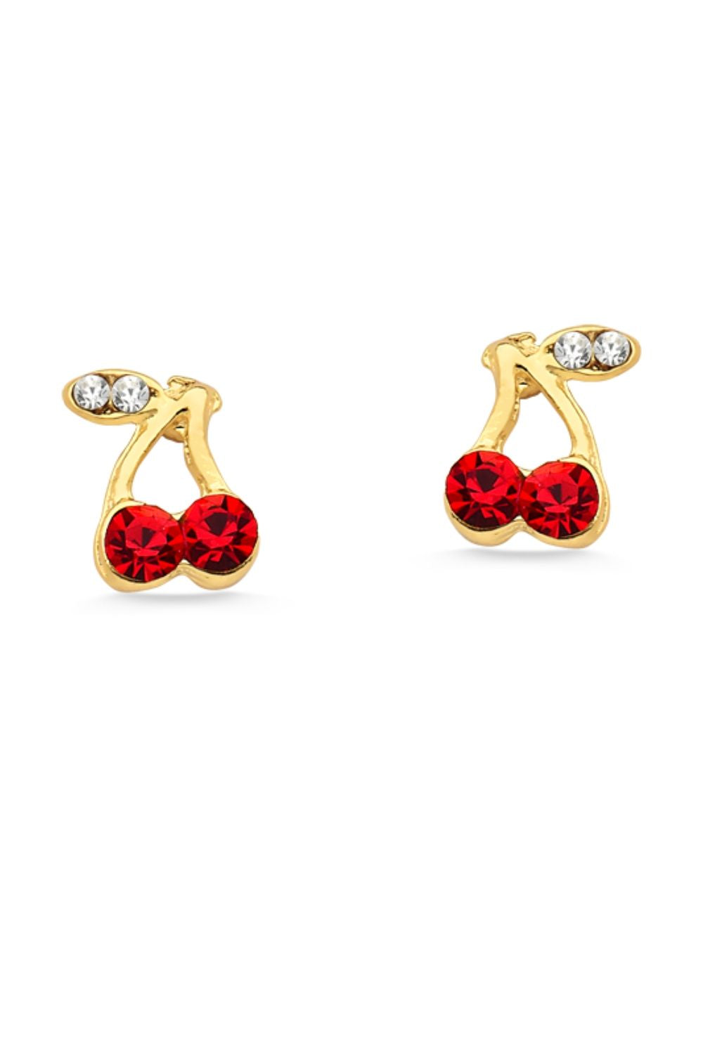 BRINCO MINI CEREJA COM STRASS COLORIDAS FOLHEADO A OURO 18K