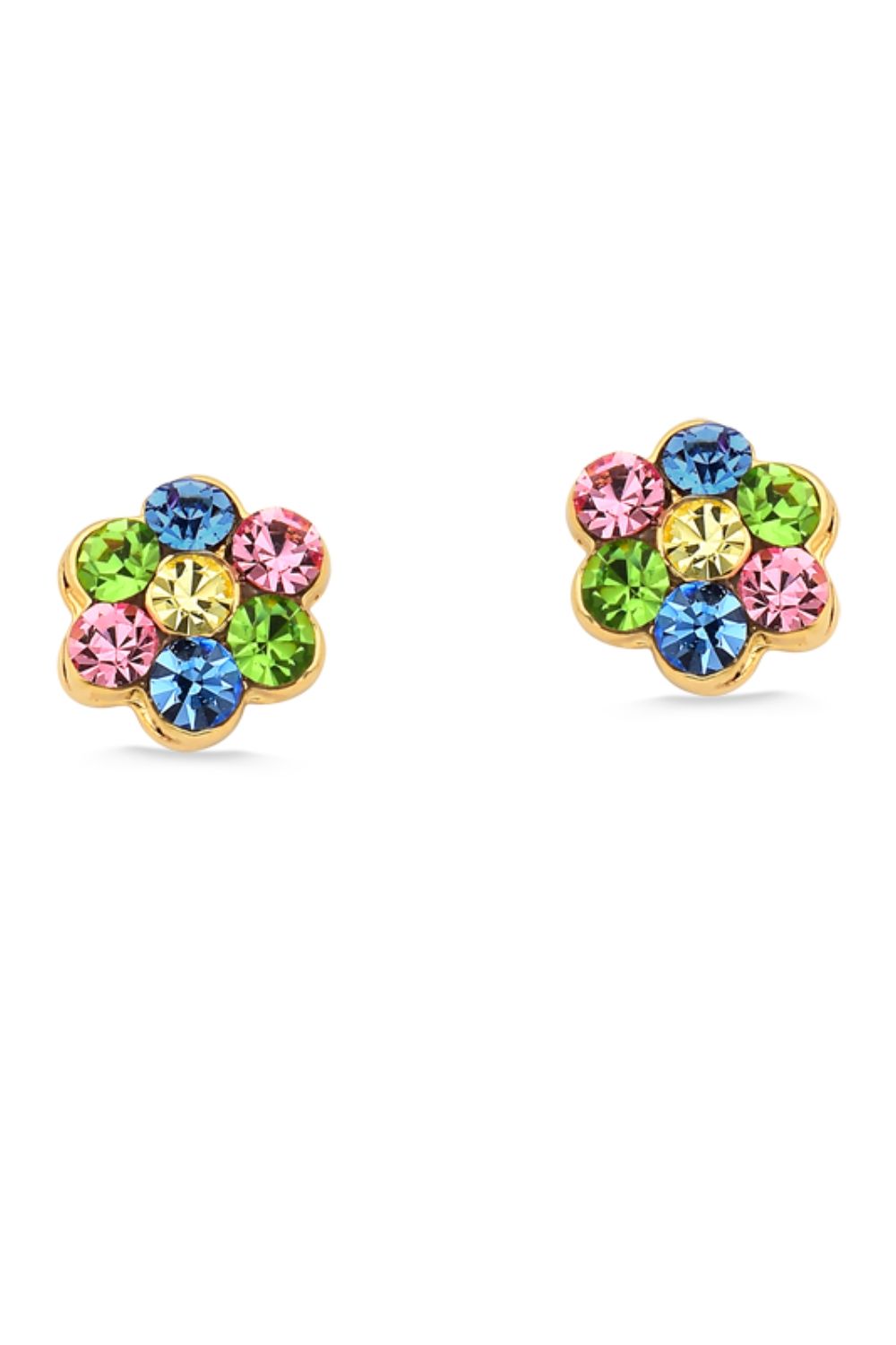 BRINCO MINI FLOR COM STRASS COLORIDAS FOLHEADO A OURO 18K GRANDE