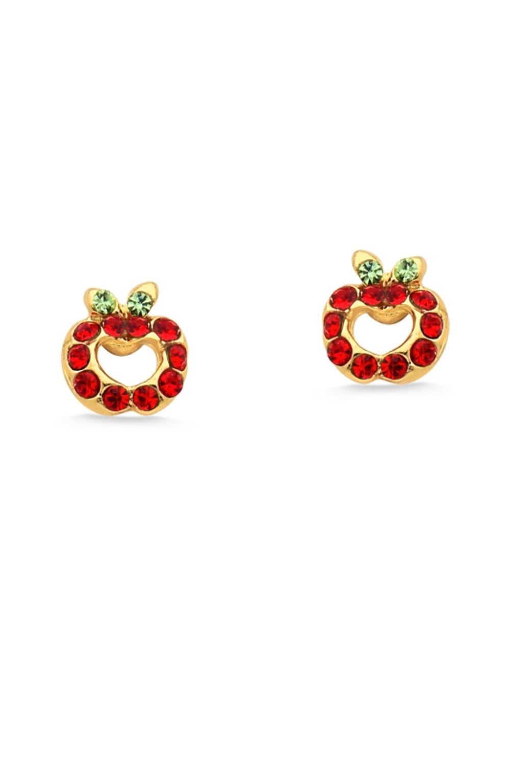 BRINCO MINI MAÇÃ COM STRASS COLORIDAS FOLHEADO A OURO 18K