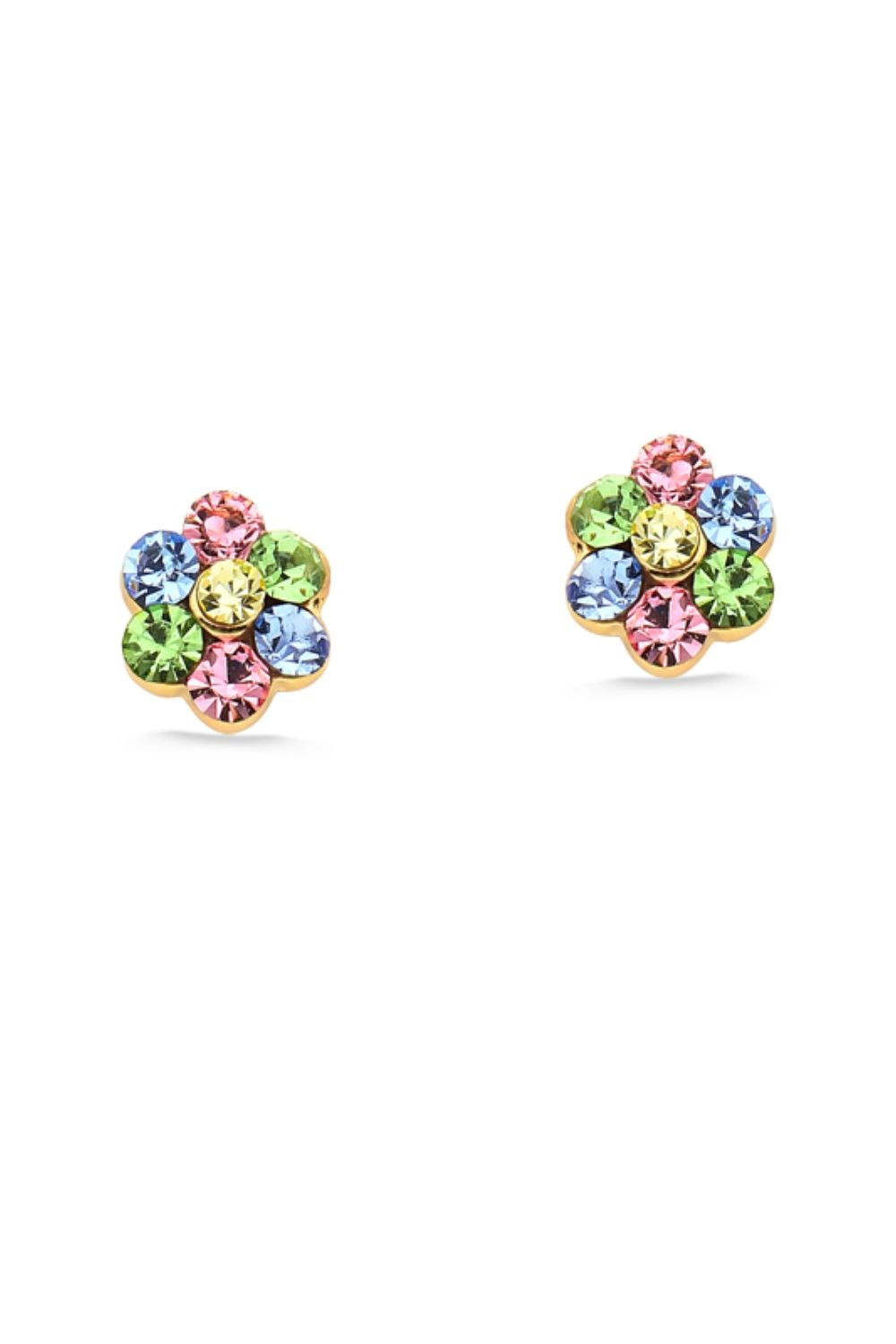 BRINCO MINI FLOR COM STRASS COLORIDAS FOLHEADO A OURO 18K MÉDIO